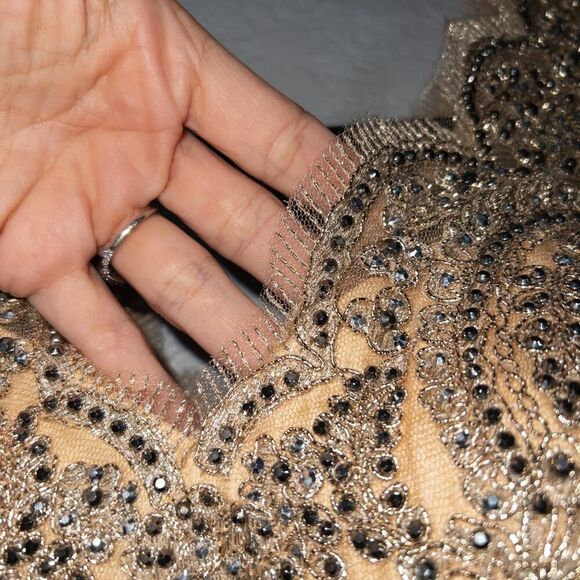 NWT Abby Paris Beige Beaded Scalloped V-Neck‎ Long Evening Gown Size 4W - Picture 6 of 11